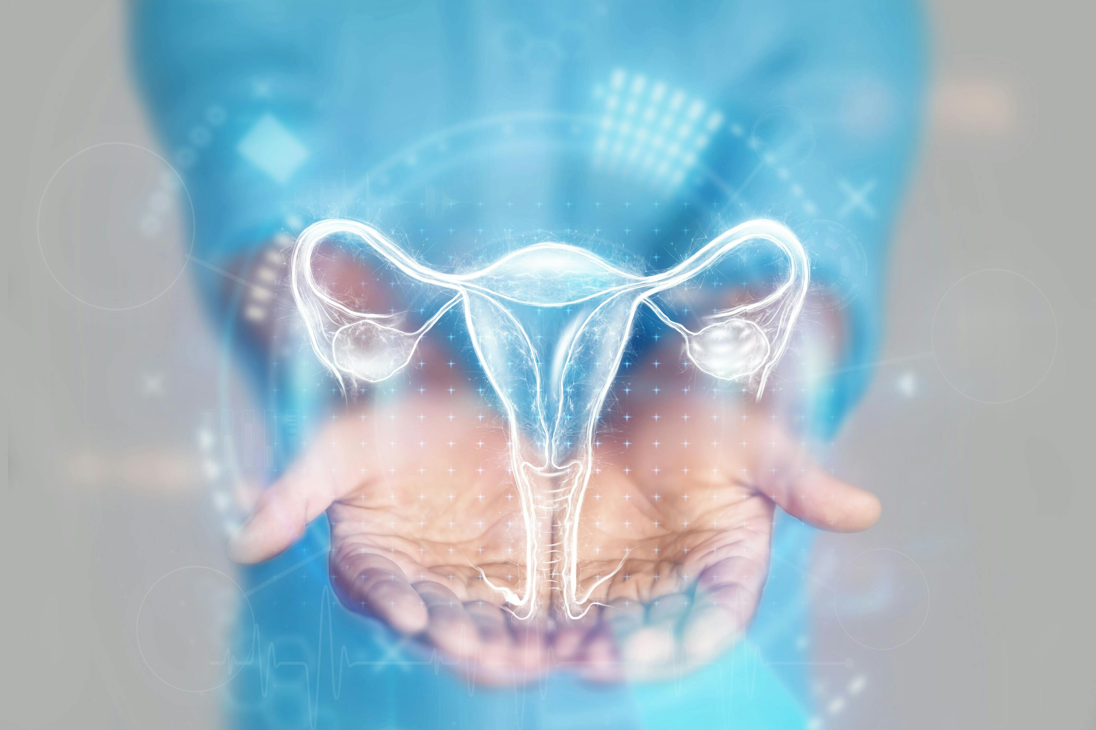 Medical concept, doctor's hands in a blue coat close-up. Ultrasound of the uterus, x-ray, hologram. © Aliaksandr Marko - stock.adobe.com