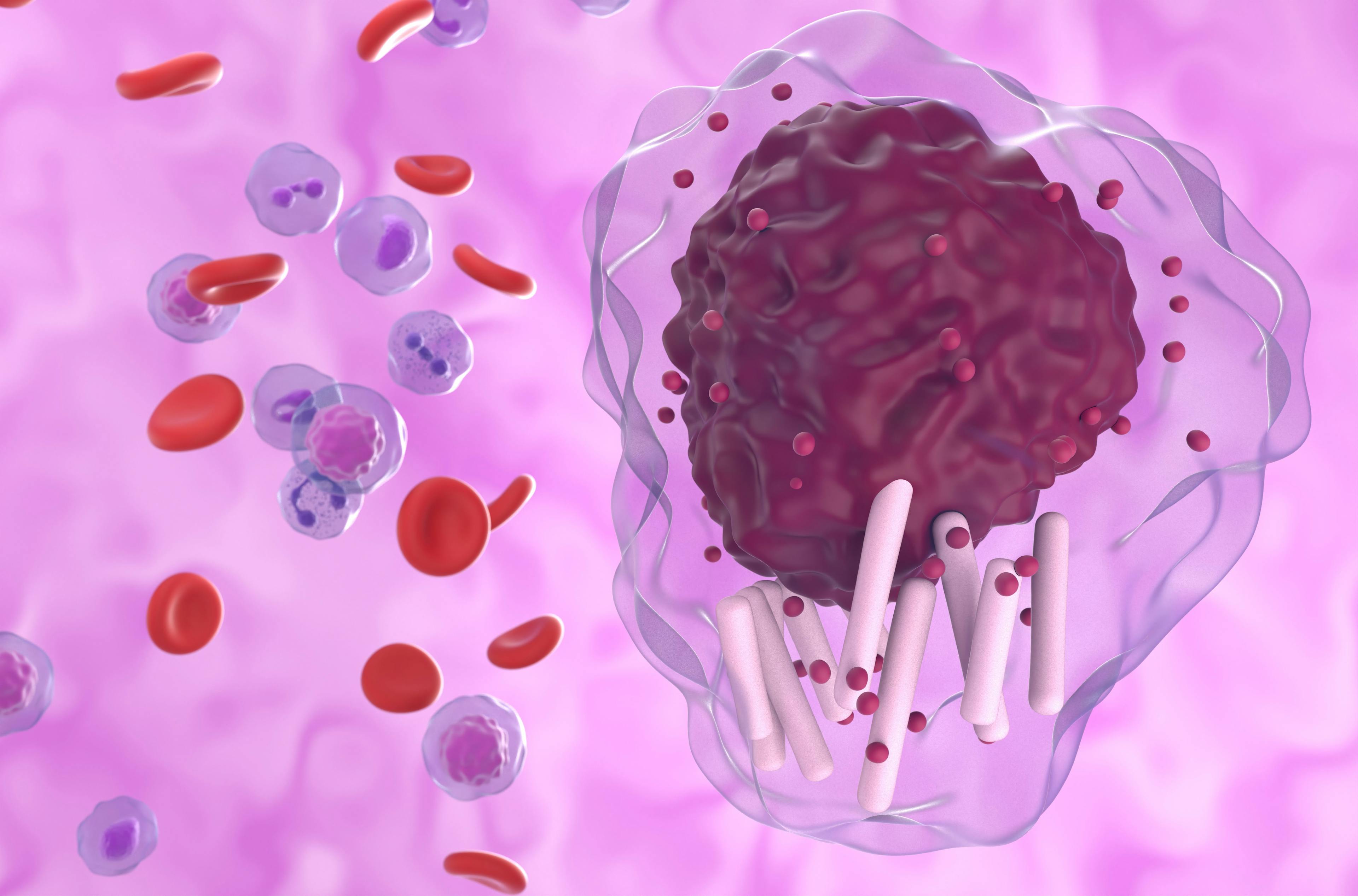 Chronic lymphocytic leukemia (CLL) cell in blood flow - super closeup view 3d illustration: ©LASZLO - stock.adobe.com