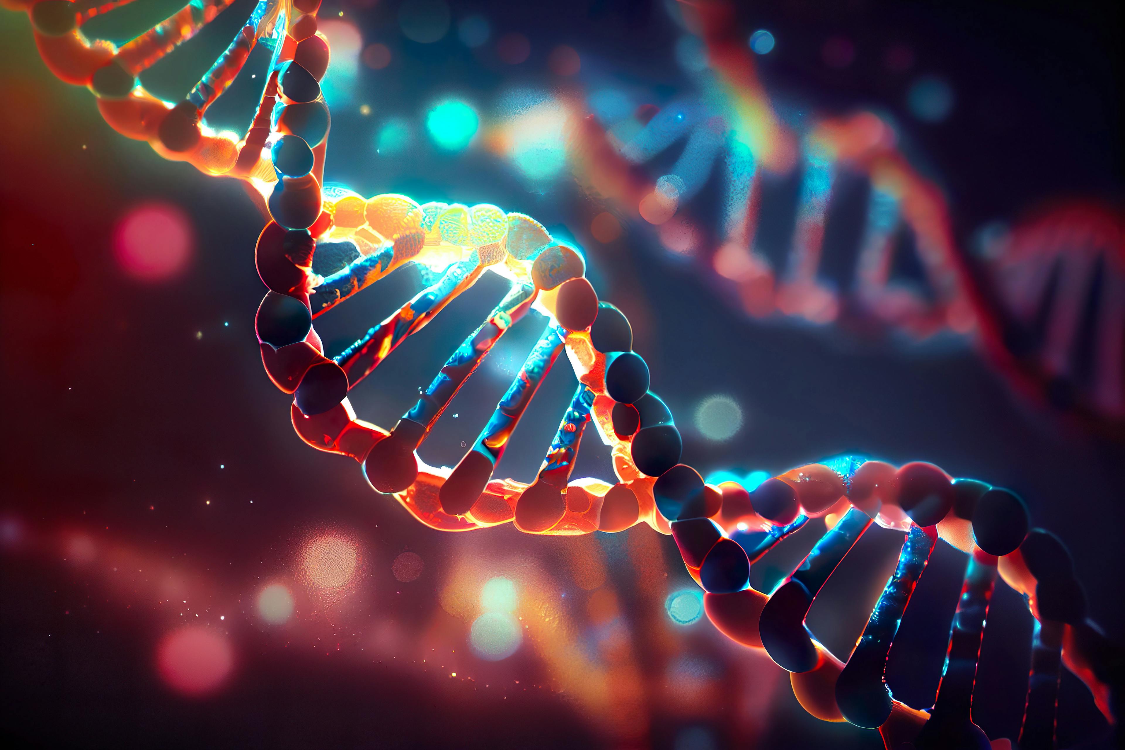 DNA helix enlarged model in bright colors and spots, Generative AI: © Radomir Jovanovic - stock.adobe.com