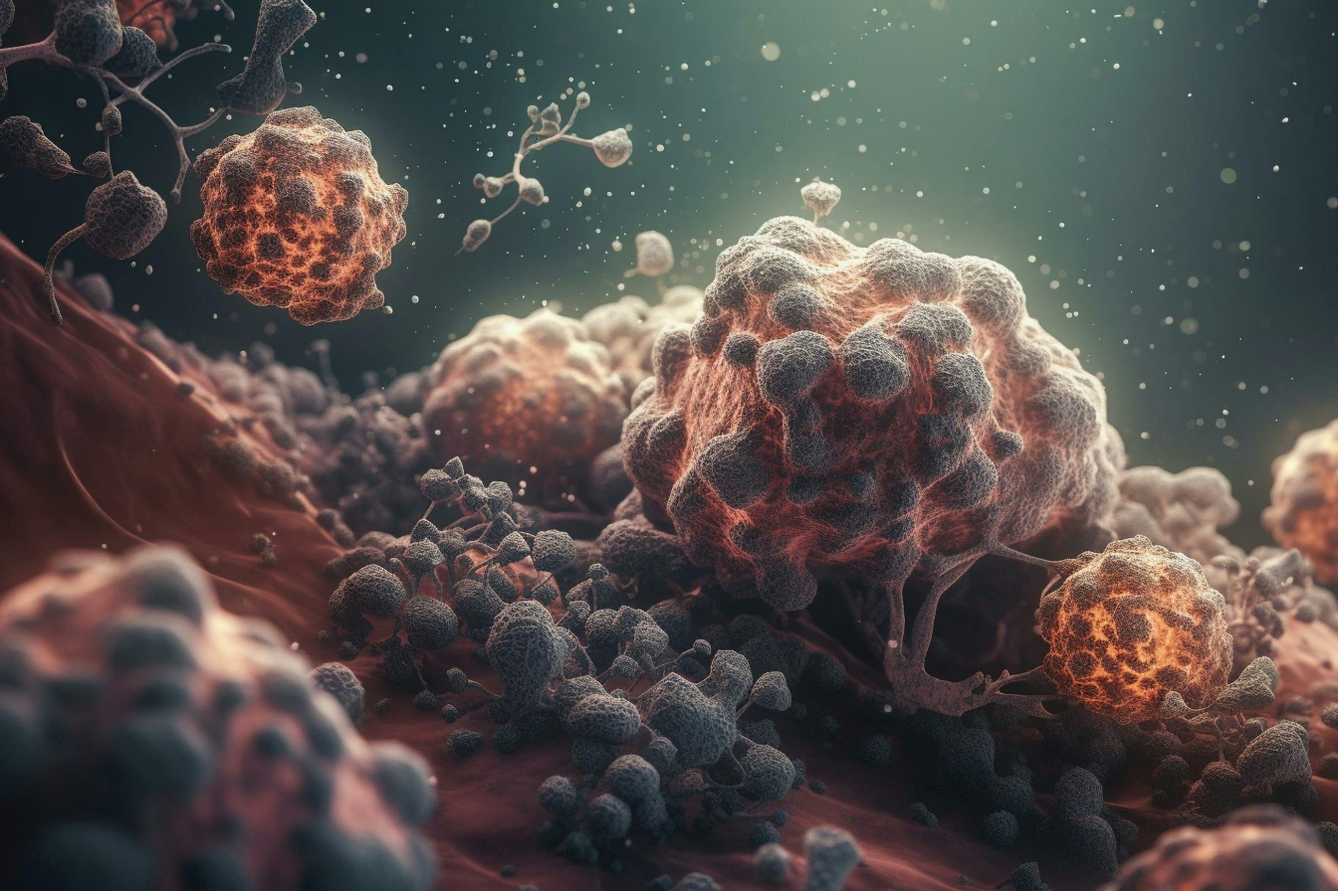 3d rendered Digital illustration of lung cancer cells in color background. Generative AI | Image Credit: © Owen - www.stock.adobe.com