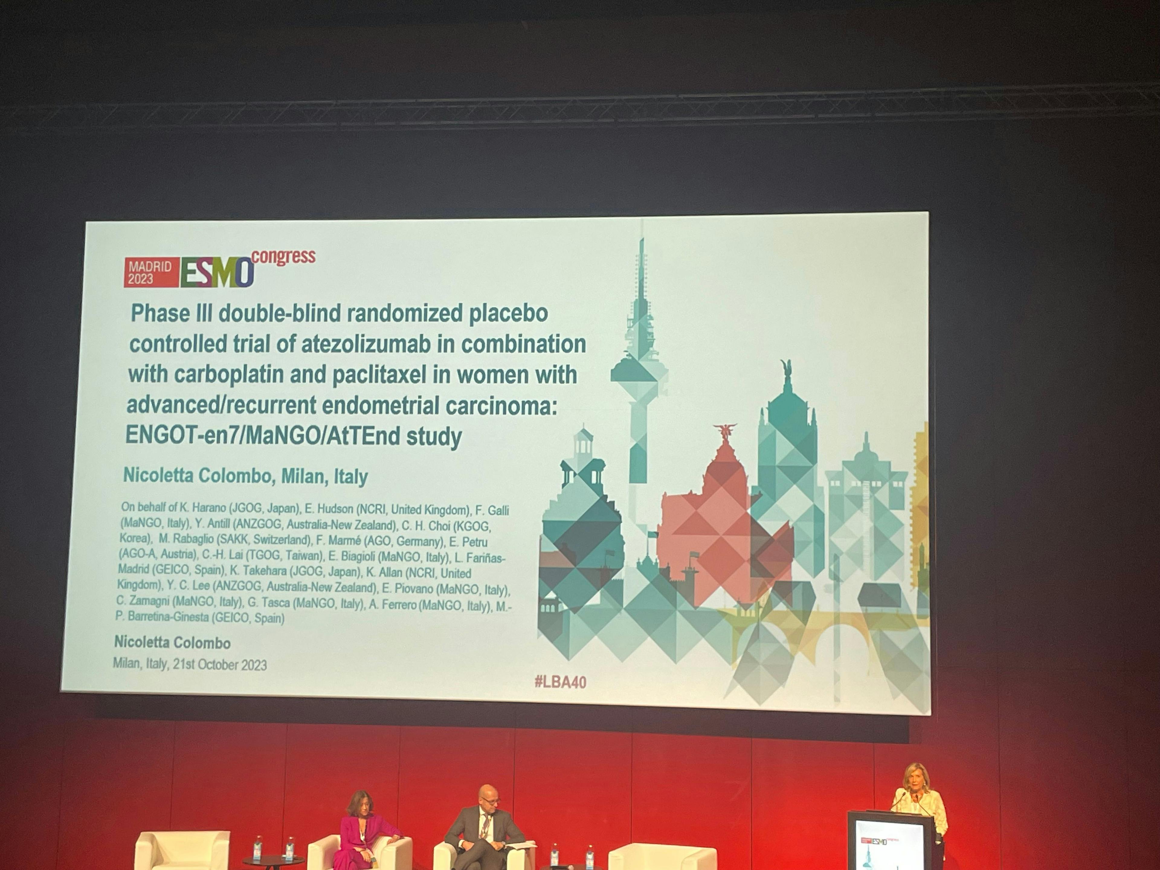 Nicoletta Colombo, MD, presenting LBA40: "Phase III double-blind randomized placebo controlled trial of atezolizumab in combination with carboplatin and paclitaxel in women with advanced/recurrent endometrial carcinoma" at ESMO Congress 2023