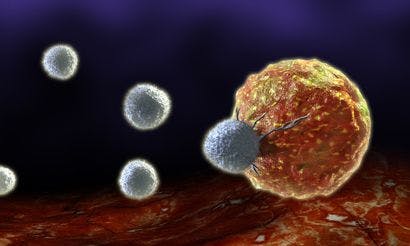 T cell (grey) killing a tumor cell (yellow); courtesy of Immunocore Ltd