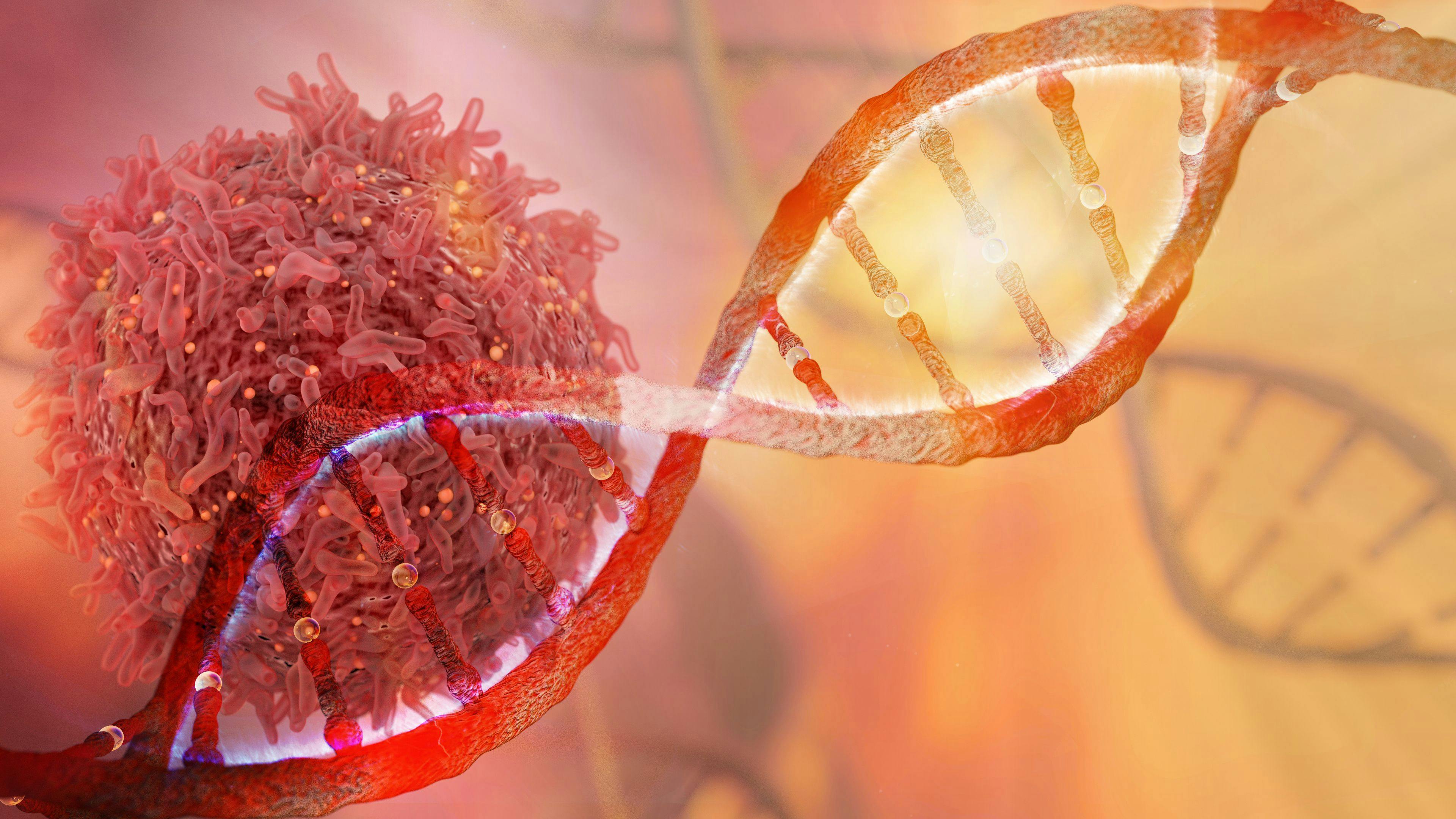 DNA strand and Cancer Cell Oncology Research Concept 3D rendering: ©catalin - stock.adobe.com