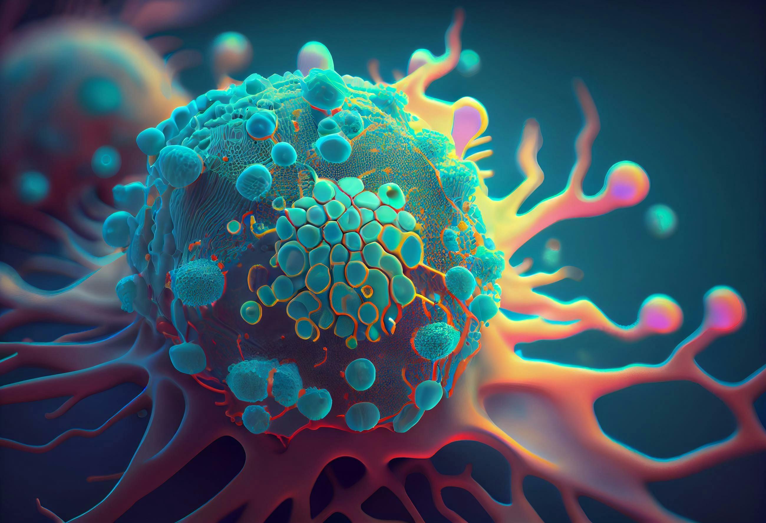 Ovarian cancer cell variations - closeup view 3d illustration. Generative AI | 