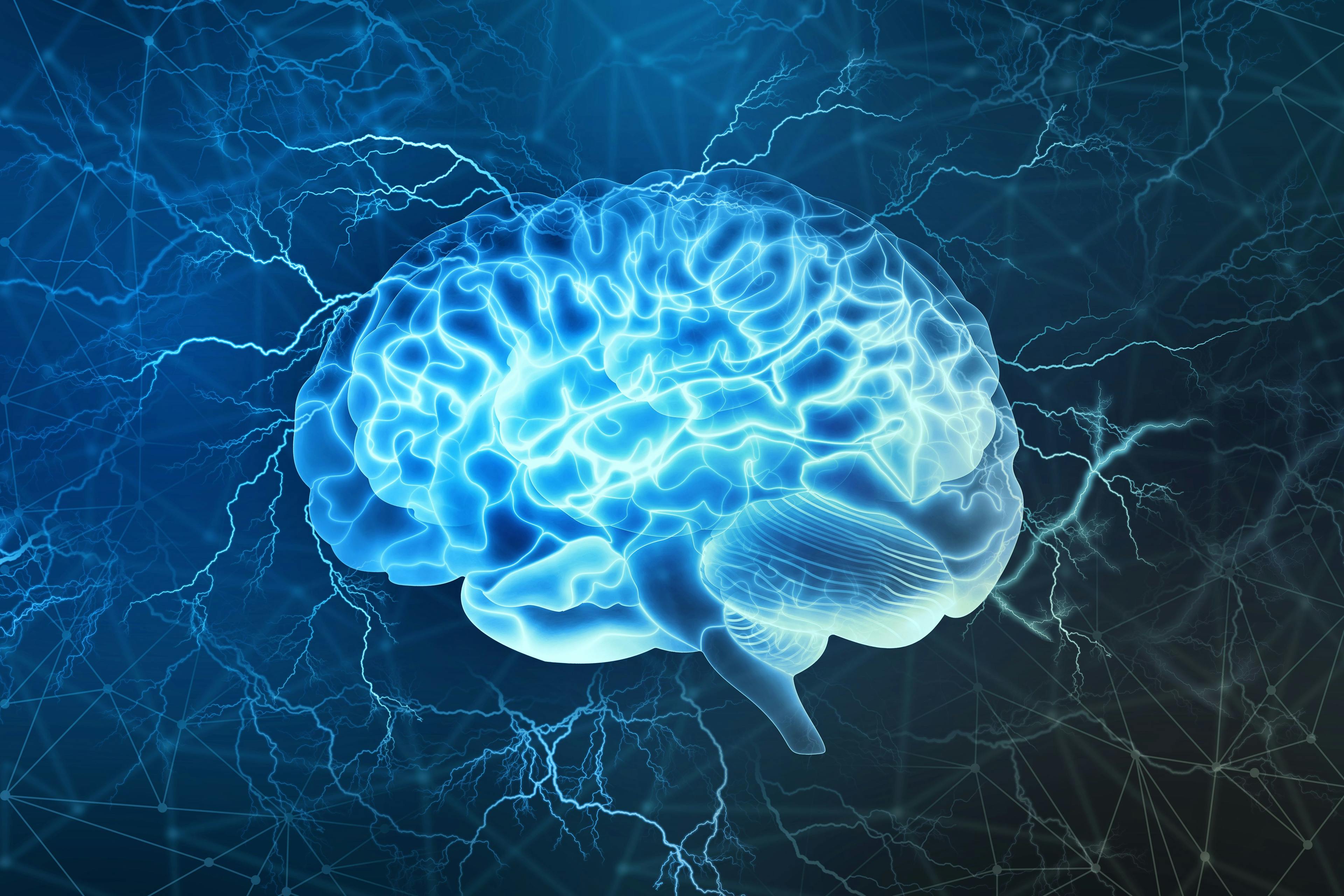 Human brain digital illustration. Electrical activity, flashes and lightning on a blue background. Image Credit: © Siarhei - stock.adobe.com
