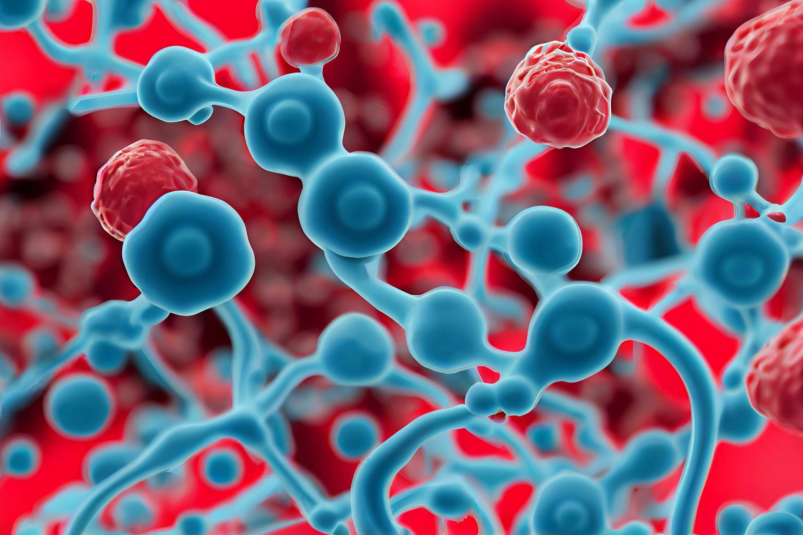 Acute lymphoblastic leukemia (ALL) cancer cell clusters in the blood flow - isometric view 3d illustration. Generative AI | Image Credit: © J - www.stock.adobe.com