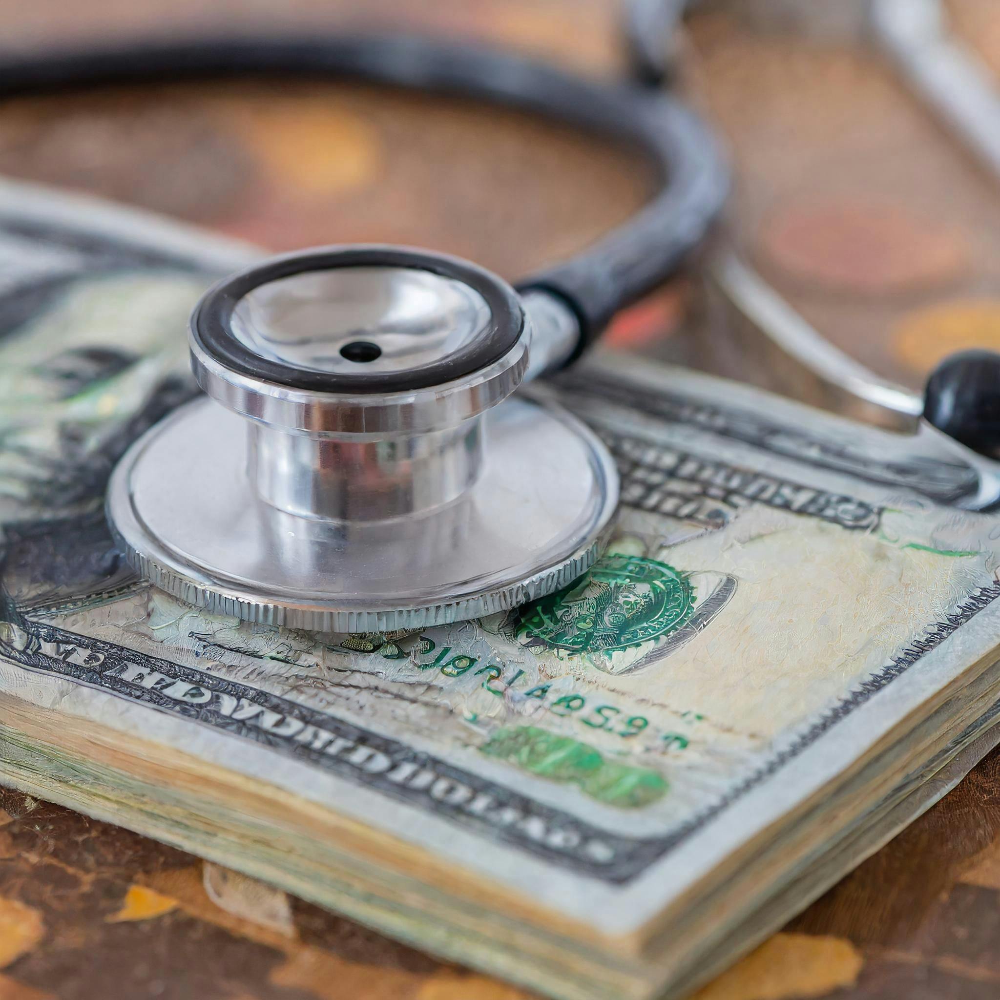 Close-up of stethoscope on a stack of money - generated with Adobe Firefly