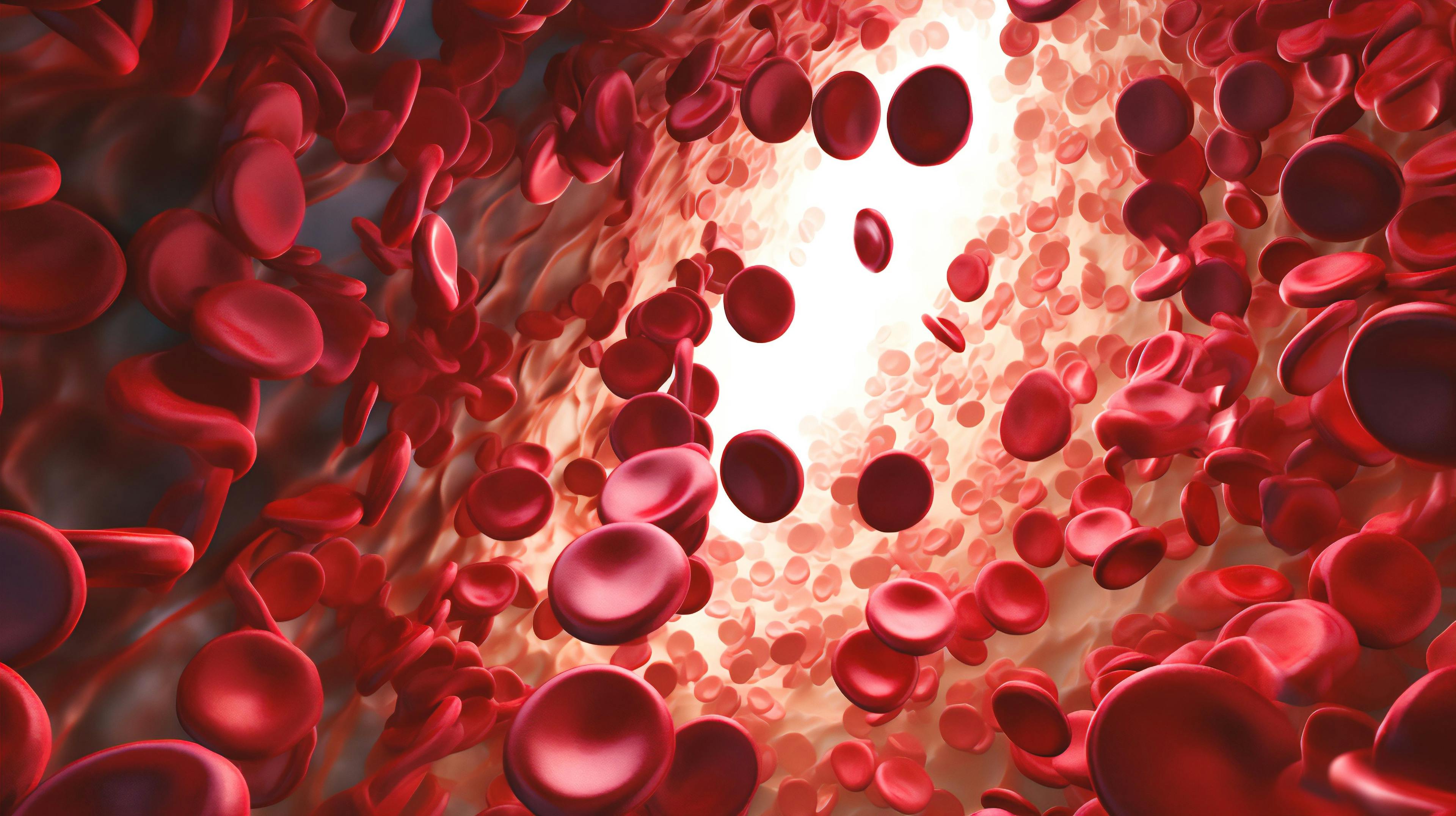 a close-up of red blood cells flowing through a vein, displaying the characteristic sickle shape Generative AI: © catalin - stock.adobe.com